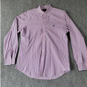 Ralph‎ Lauren Mens Long Sleeve Button Down Shirt Pink Blue Gingham Slim Fit